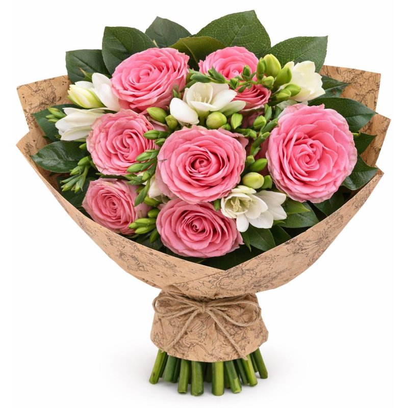 Růžové růže bílé frezie