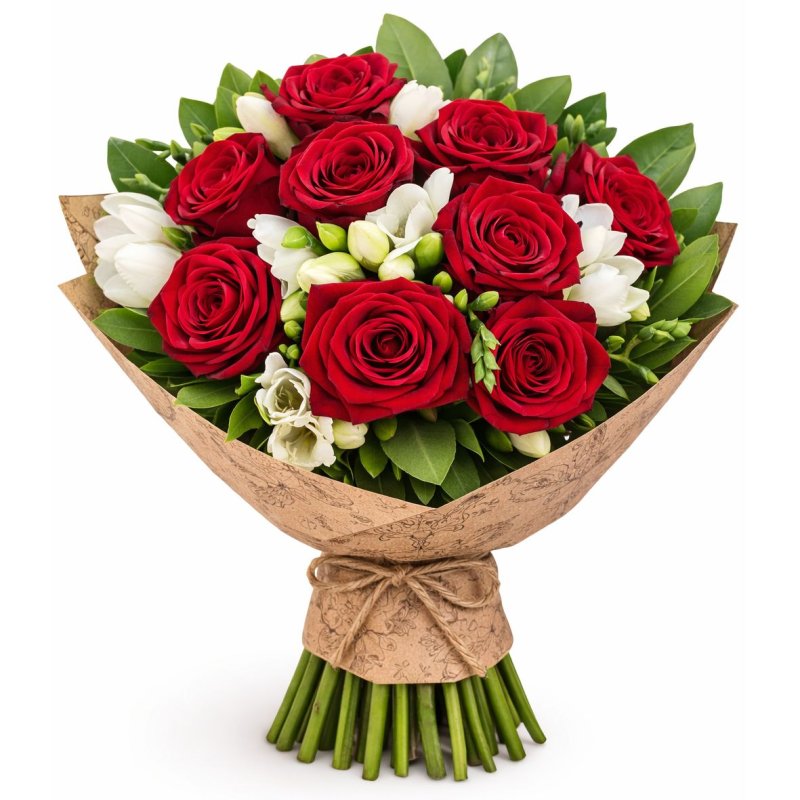 Червоні троянди та білі фрезії